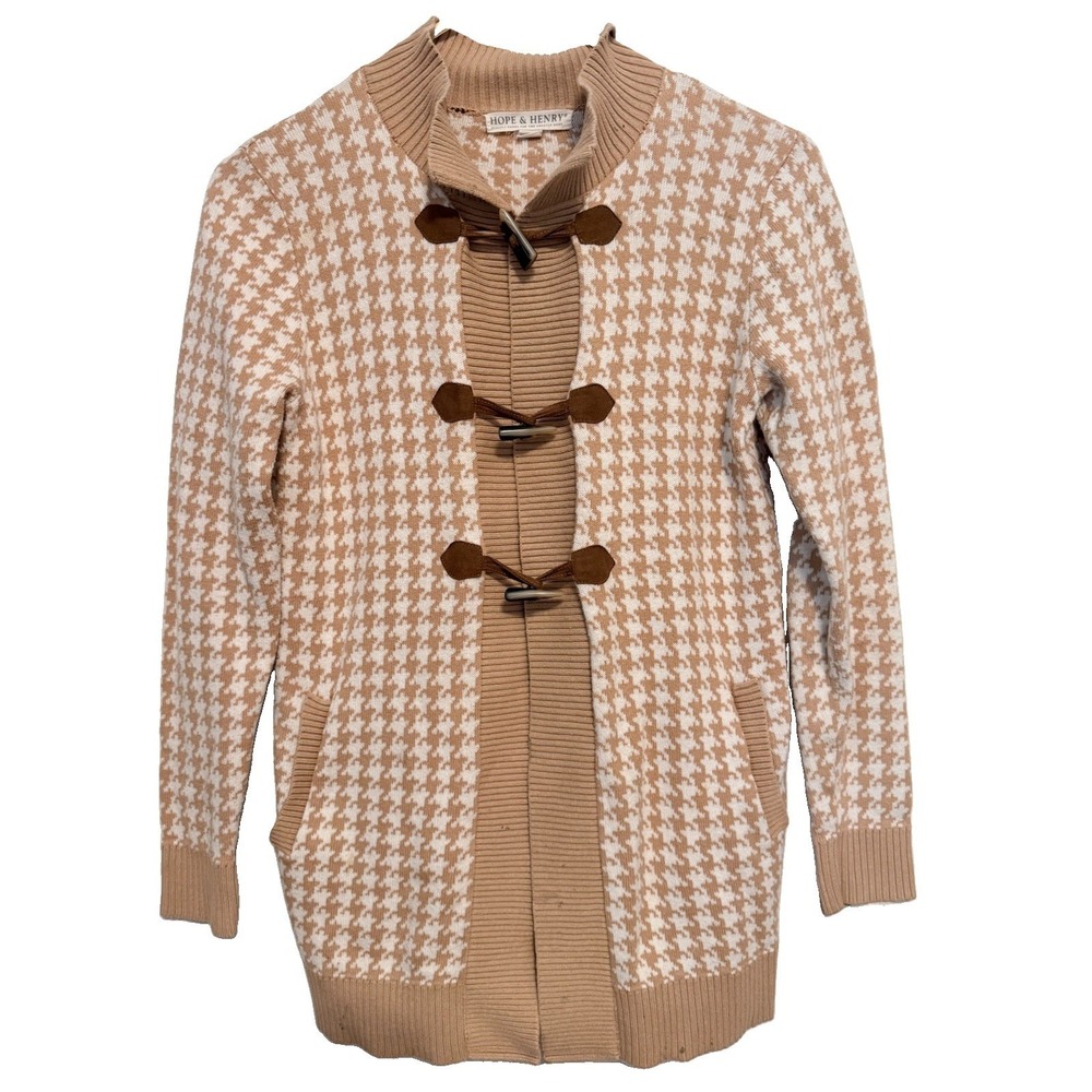 Hope & Henry Brown Plaid Long Sleeve Toggle Sweater Cardigan Women Large